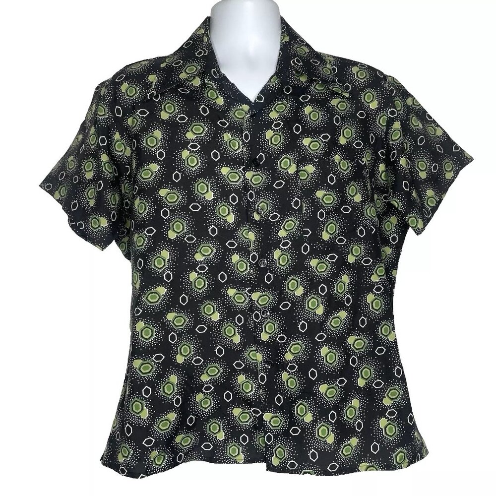 Vintage 70s Port Of Call Black Green Atomic Geo Rockabilly Disco Shirt